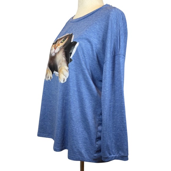 Shekka Blue Long Sleeve Crew Neck 3D Graphic Cat Print Tee Women's XL Cute Kitty - Picture 3 of 6